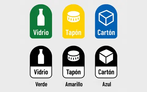 Seis contenedores con el **símbolo de reciclaje** para vidrio, tapón y cartón, en colores verde, amarillo y azul.
