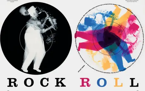 Diseño de Paul Rand con saxofonista en blanco y negro y músicos coloridos superpuestos. "ROCK ROLL" en letras grandes.