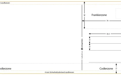 Plantilla para postales para imprimir, con zonas de corte, codificación y franqueo.