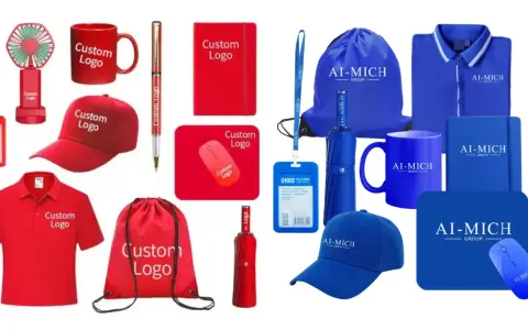 Variedad de productos de marketing personalizables: gorras, polos, tazas, bolígrafos, abanicos, ratones, paraguas, cuadernos y bolsas con logos.