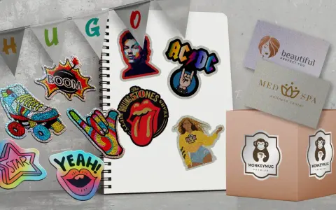 Variedad de ideas de pegatinas brillantes: patines, rock, estrellas, labios, y logos de bandas.