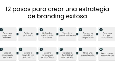 Guía visual de 12 pasos para crear tu marca: desde la propuesta de valor hasta la recompensa al cliente.