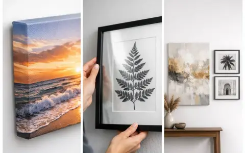 Un lienzo con un atardecer en la playa, una hoja de helecho enmarcada y arte abstracto sobre una mesa.