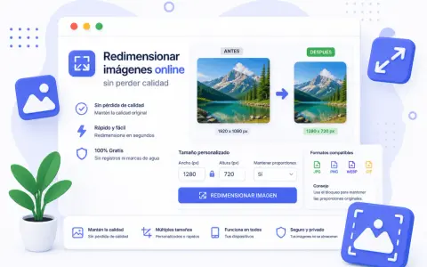 Herramienta para redimensionar foto online sin perder calidad. Muestra antes y después de una imagen de paisaje, con opciones de tamaño y formatos.