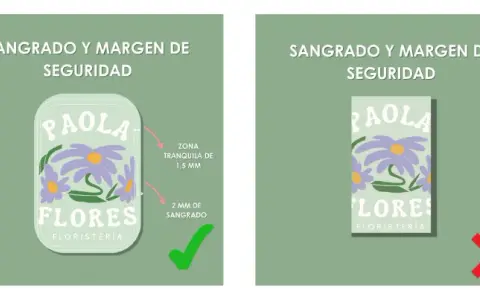 Comparación de tamaño fotos: logo "PAOLA FLORES FLORISTERÍA" con sangrado correcto (check verde) y incorrecto (X roja).