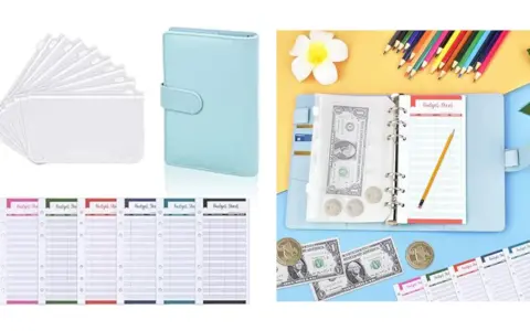 Un organizador de presupuesto azul claro con sobres transparentes y hojas de registro. Ideal para controlar tus finanzas, cada sobre tiene el tamaño perfecto para guardar billetes y monedas.