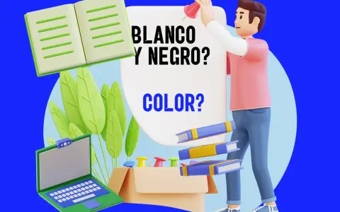 Un hombre con una camisa rosa y pantalones azules sostiene un cartel que dice "BLANCO Y NEGRO? COLOR?". Hay un libro abierto, plantas verdes, un portátil y libros flotando.