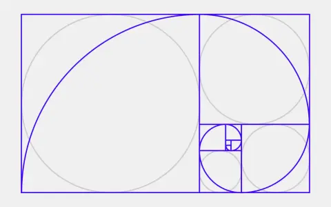 La espiral áurea, que representa el significado de la proporción áurea, se forma con cuadrados que crecen en tamaño.