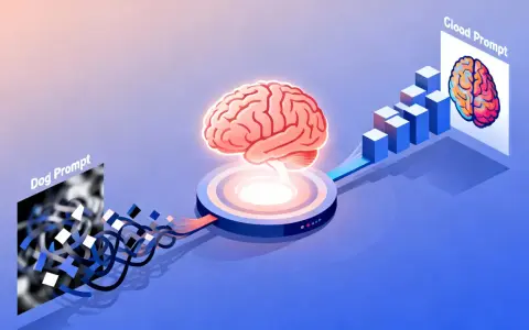 Procesamiento de **prompt imagenes**: un cerebro recibe datos caóticos de un "Dog Prompt" y genera un resultado claro en un "Cloud Prompt".
