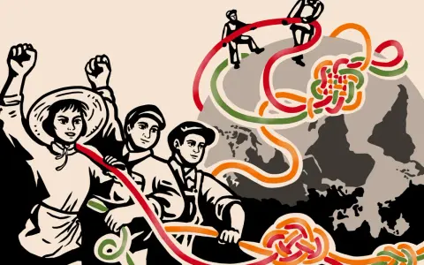 Ilustración de personas uniendo cintas de colores sobre un mapa del mundo, simbolizando la historia del libro y su evolución global.