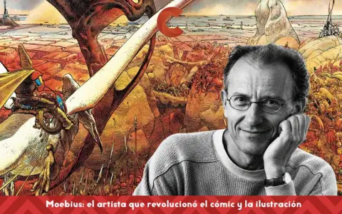 Moebius, el dibujante visionario, sonríe ante su obra: un mundo fantástico con criaturas extrañas y paisajes desérticos.