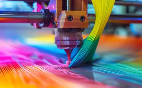 Cabezal de impresora 3D creando una obra de arte vibrante. La **impresión ecológica** se materializa en capas de color que fluyen, un futuro brillante y colorido.
