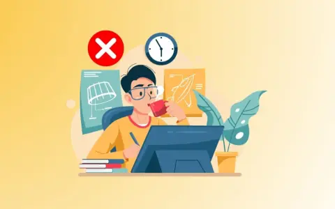 Un joven con gafas bebe café mientras trabaja en su computadora, rodeado de planos y un reloj. Un símbolo de "X" roja indica que no es la forma correcta de hacer brainstorming.