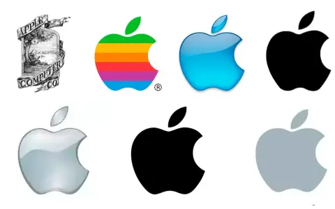 Evolución de los logos Apple: desde el antiguo grabado hasta los modernos diseños monocromáticos y de colores.