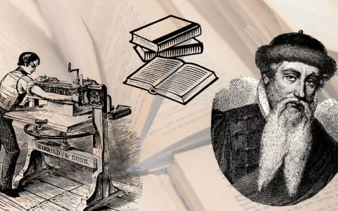 Retrato de Gutenberg, el hombre quien inventó la imprenta, junto a una prensa antigua y libros.