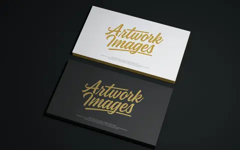 Dos tarjetas de papel apiladas, una blanca y otra negra, con texto dorado "Artwork Images" y texto de relleno.