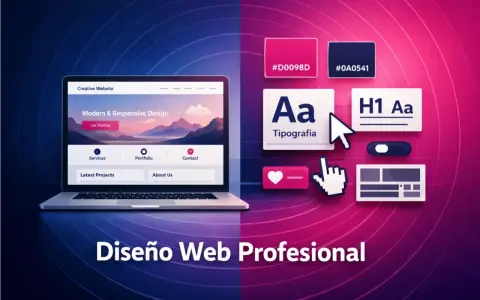 Diseño web profesional: laptop con una pagina web bonita, elementos de diseño, tipografía y paletas de colores.