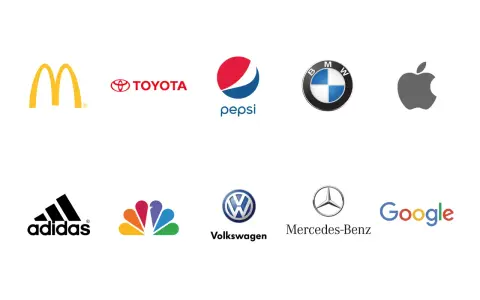 Logos de marcas reconocidas como McDonald's, Toyota, Pepsi, BMW, Apple, Adidas, NBC, Volkswagen, Mercedes-Benz y Google. Ejemplos de imagen corporativa.