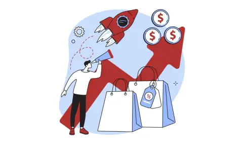 Hombre con catalejo busca oportunidades para la generación leads, con cohete despegando y bolsas de compras.