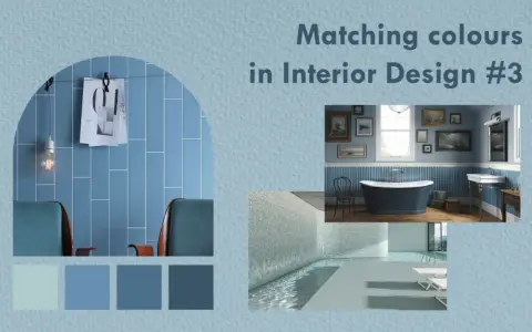Paleta de colores inspirada en el **color azul** para interiores, mostrando un baño elegante y una piscina moderna.