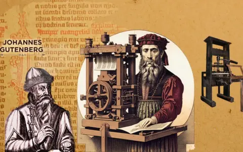 Retrato de Johannes Gutenberg junto a su imprenta, revolucionando la difusión del conocimiento.