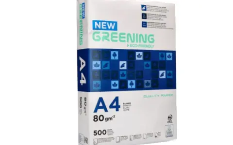 Paquete de papel A4 "New Greening" de 80 g/m². Averigua cuanto pesa un folio de este papel ecológico.