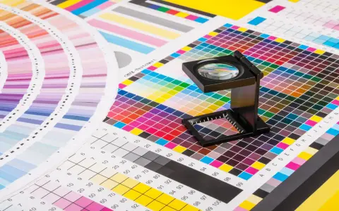 Paleta de colores y gráficos de prueba para control de calidad en impresion litografica. Lupa sobre la cuadrícula de colores.