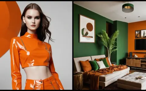 Mujer con atuendo **naranja color** brillante junto a un salón moderno con paredes verdes y naranjas, sofá y cojines.