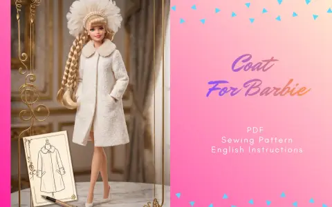 Barbie con abrigo blanco y tocado de plumas, junto a un patrón de costura. ¡Un look digno de la Barbie más glamurosa, con un toque de color rosa barbie en el fondo!