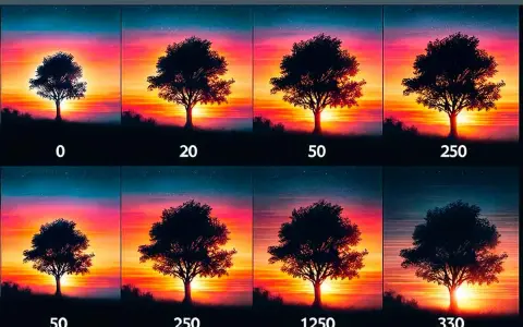 Ocho imágenes de un árbol solitario al atardecer, cada una con un número diferente debajo, mostrando cómo cambia la **resolución** de la imagen.