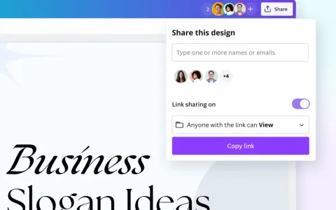 Compartiendo ideas para un eslogan publicitario. Se muestra una ventana para compartir un diseño, con opciones para invitar colaboradores y copiar un enlace.