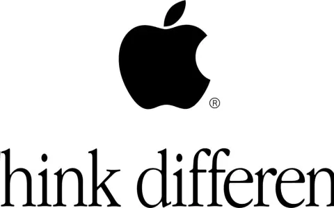 Logo de Apple con la manzana mordida y el lema "Think different.
