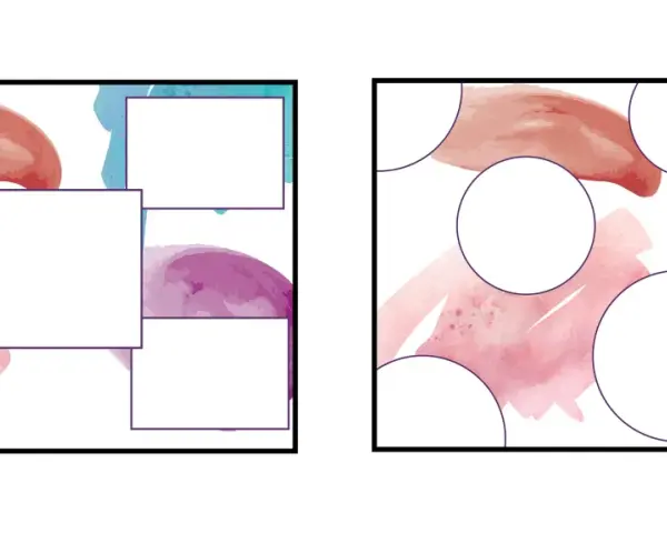 Dos diseños de collage con acuarelas en tonos pastel y espacios en blanco para texto o imágenes.