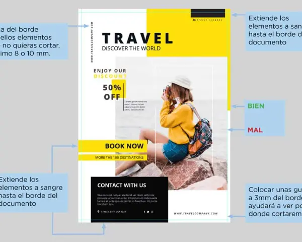 Ejemplo de diseño de folleto turístico. Muestra cómo extender elementos a sangre hasta el borde del documento, explicando qué es el sangrado en impresión.