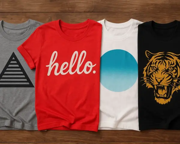 Cuatro camisetas con diseños variados: pirámide, "hello", círculo degradado y tigre. Ideas para como diseñar una camiseta.