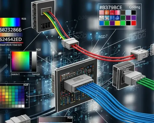 Diagrama de conexiones con cables de colores (rojo, verde, azul) y paletas de **color RGB**. Muestra la codificación de colores y la transmisión de datos.