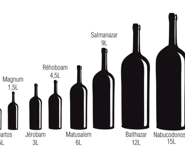 Siluetas de botellas de vino de diferentes tamaños, desde Benjamín (0,18L) hasta Salomón (18L), mostrando las medidas de etiqueta de vino.