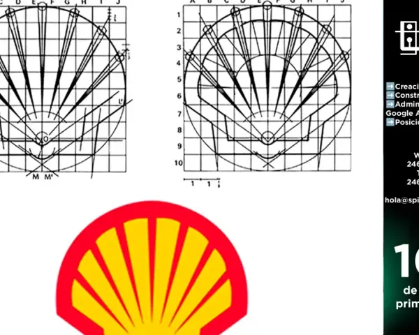 Dos diagramas muestran diferentes tipos de retícula para el diseño de un logo, similar a la concha de Shell.