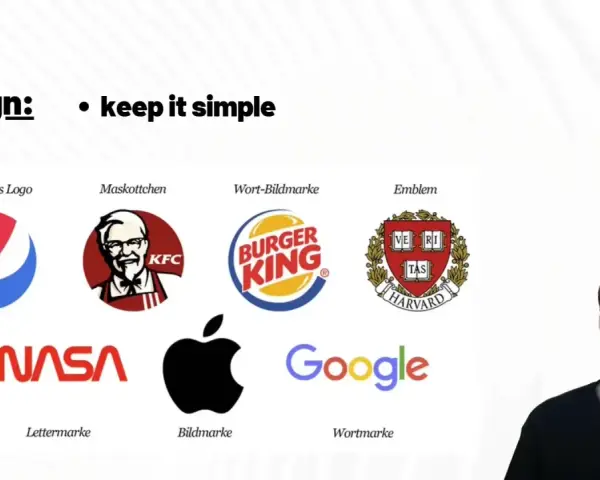 Ejemplos de ideas de logos: Pepsi, KFC, Burger King, Harvard, NASA, Apple y Google.