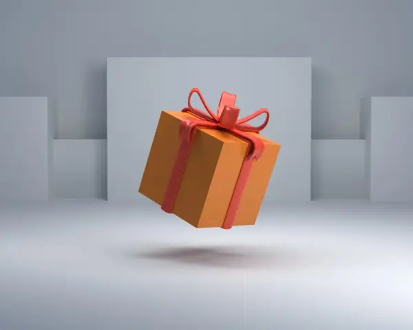 Caja naranja con lazo rojo flotando, simbolizando el significado de un giveaway.