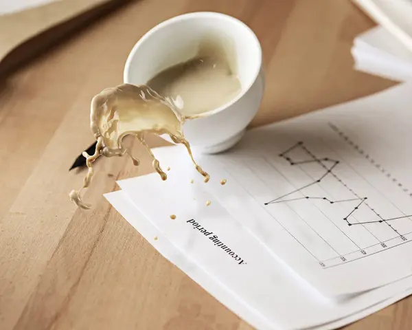 Café derramado sobre un gráfico de "Accounting period". El líquido, con un acabado glasofonado mate, salpica sobre el papel y la mesa de madera.