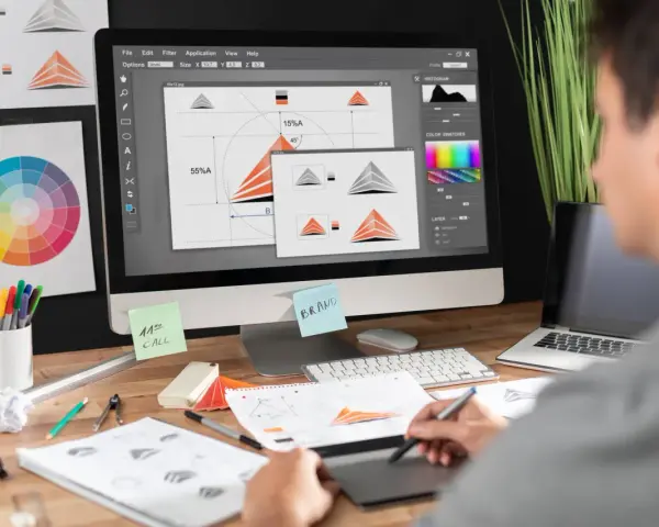 Diseñador trabajando en un programa de diseño gráfico gratis, creando un logo. Se ven bocetos, paleta de colores y notas.
