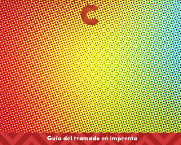 Fondo degradado de puntos rojos, amarillos y azules. Una "C" naranja flota en el centro. Guía del **trama**do en imprenta.