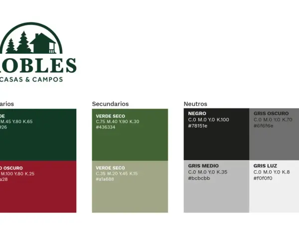 Paleta de colores de "Robles Casas & Campos". El verde, que significa naturaleza y tranquilidad, se presenta en tonos primarios y secundarios.