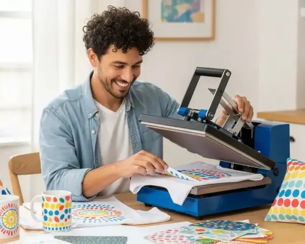 Hombre sonriente usando una plancha de calor para un ejemplo de sublimación en una camiseta. Hay tazas y cojines con diseños coloridos.