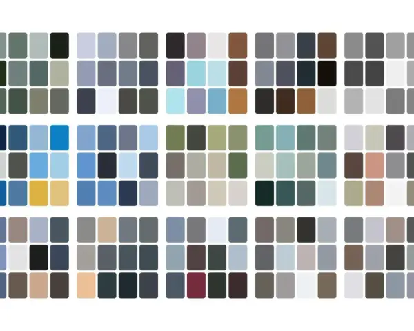 Paleta de colores que evoca los tonos fríos y serenos de los colores invierno, con azules, grises y verdes apagados.