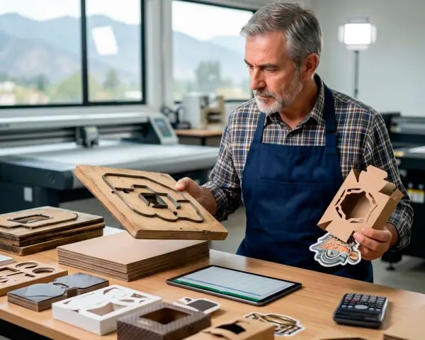 Hombre con delantal revisa un troquel de madera, herramienta esencial para cortar cartón y crear empaques.