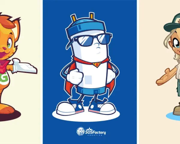 Tres mascotas de marcas: un gato naranja con mochila, un personaje blanco con capa y gafas de sol, y una niña exploradora.