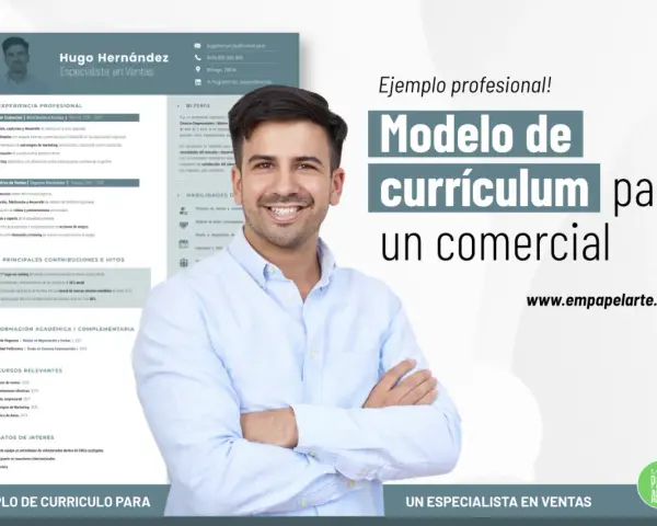 Ejemplo de company profile: Hugo Hernández, especialista en ventas, muestra su currículum profesional con experiencia y logros.