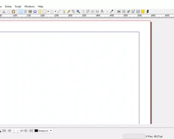 Interfaz de Scribus, un programa de maquetación similar a InDesign gratis, mostrando reglas y un área de trabajo con guías.